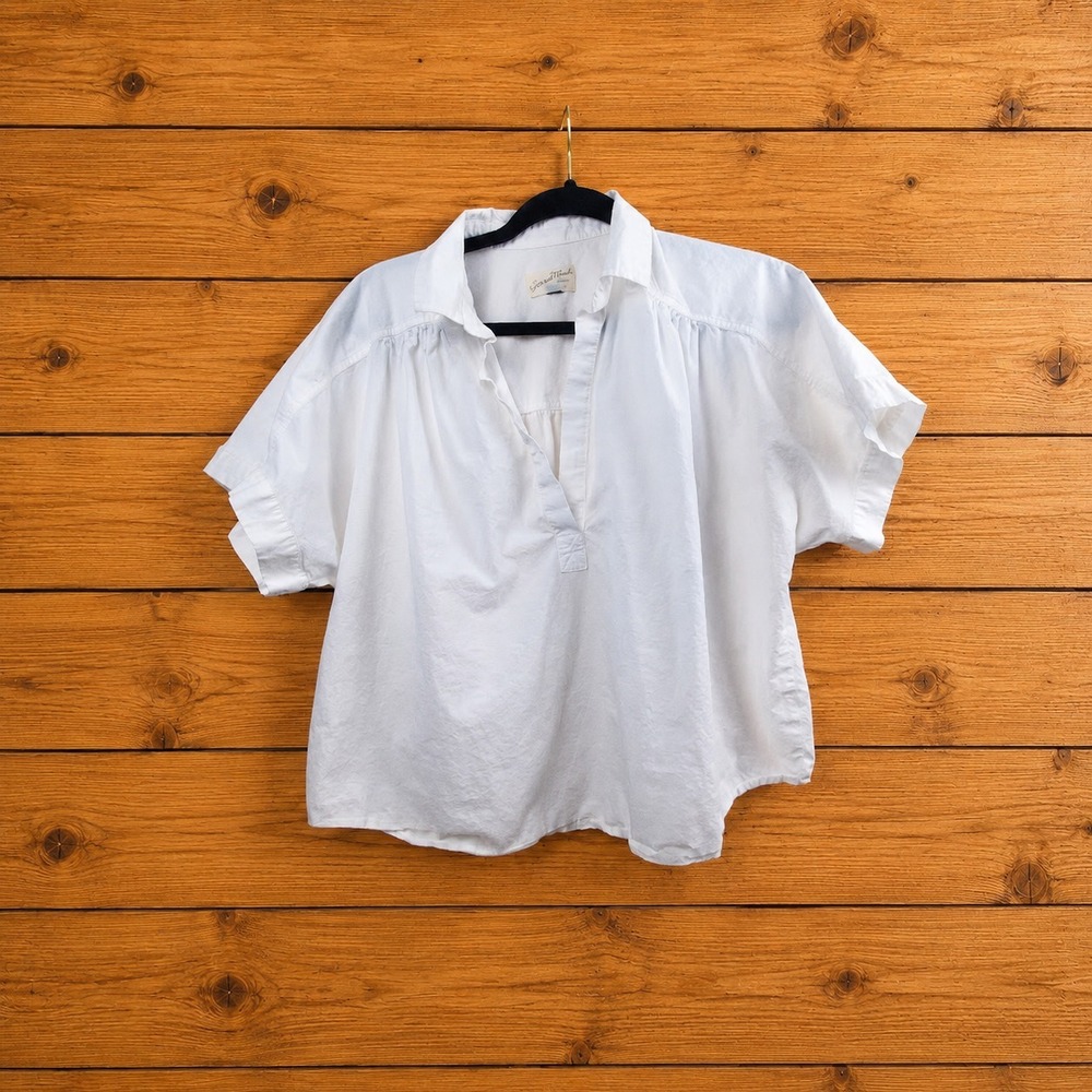 Womens White Cotton Boxy Collared Split Neck Blouse Boho Coquette